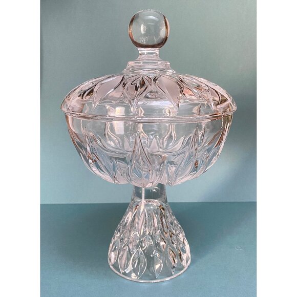 Vintage Crystal Glass Pedestal Candy Dish with Lid Unique Flame or Petal Design - Picture 1 of 9